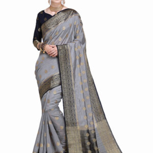 Grey/Black - Designer Pure Silk Blend Saree With Unstitched Silk Blend Blouse