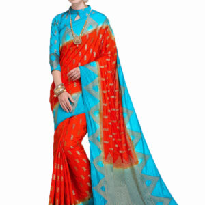 Blue/Red - Designer Pure Silk Blend Saree With Unstitched Silk Blend Blouse
