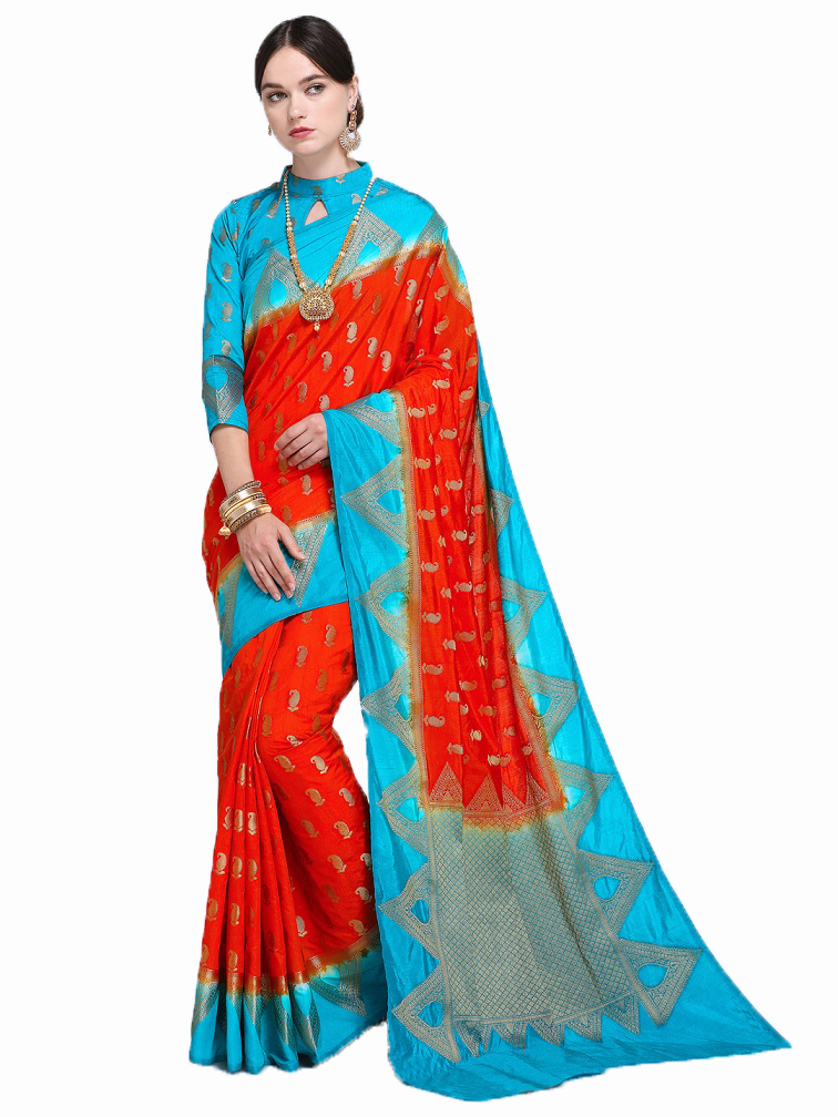 Blue/Red - Designer Pure Silk Blend Saree With Unstitched Silk Blend Blouse