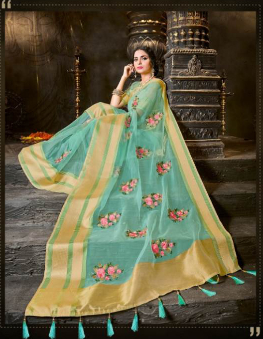 Light Green Pure Organza Sari - Image 2