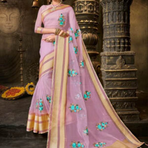 Pure Organza Sari with flower work - Pink