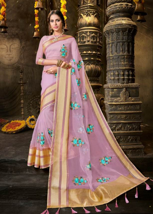 Pure Organza Sari with flower work - Pink