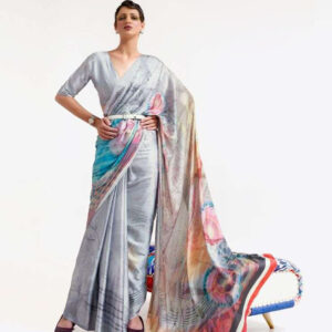 Satin Crepe Digital Print Sari - Grey