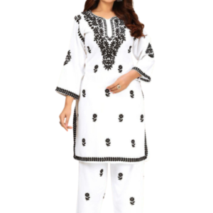 Embroidered Rayon Kurti With Bottom - White