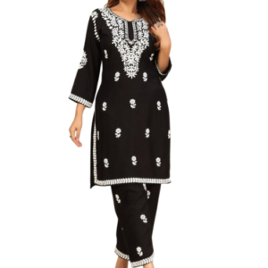 Embroidered Rayon Kurti With Bottom - Black