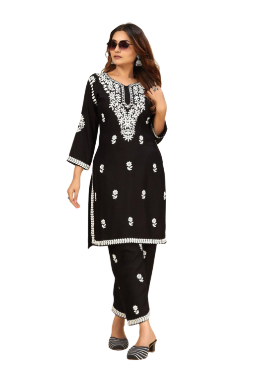 Embroidered Rayon Kurti With Bottom - Black