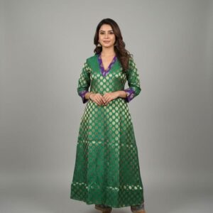 Green Chanderi Silk Long Kurti with V-shaped collar