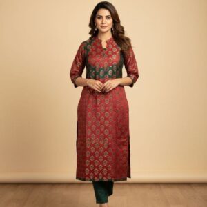Red Chanderi Suit with green contrast combi-Half Sleeves and 3/4 Sleeves