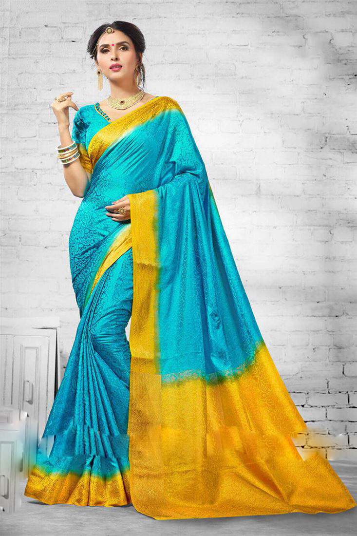 Blue - Hand Dyed Weaved Jacquard Designer Saree