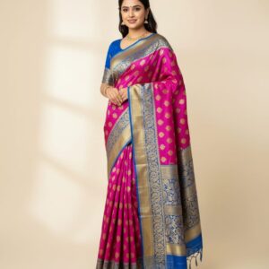 Bright Pink Benarasi Sari with a Blue Border